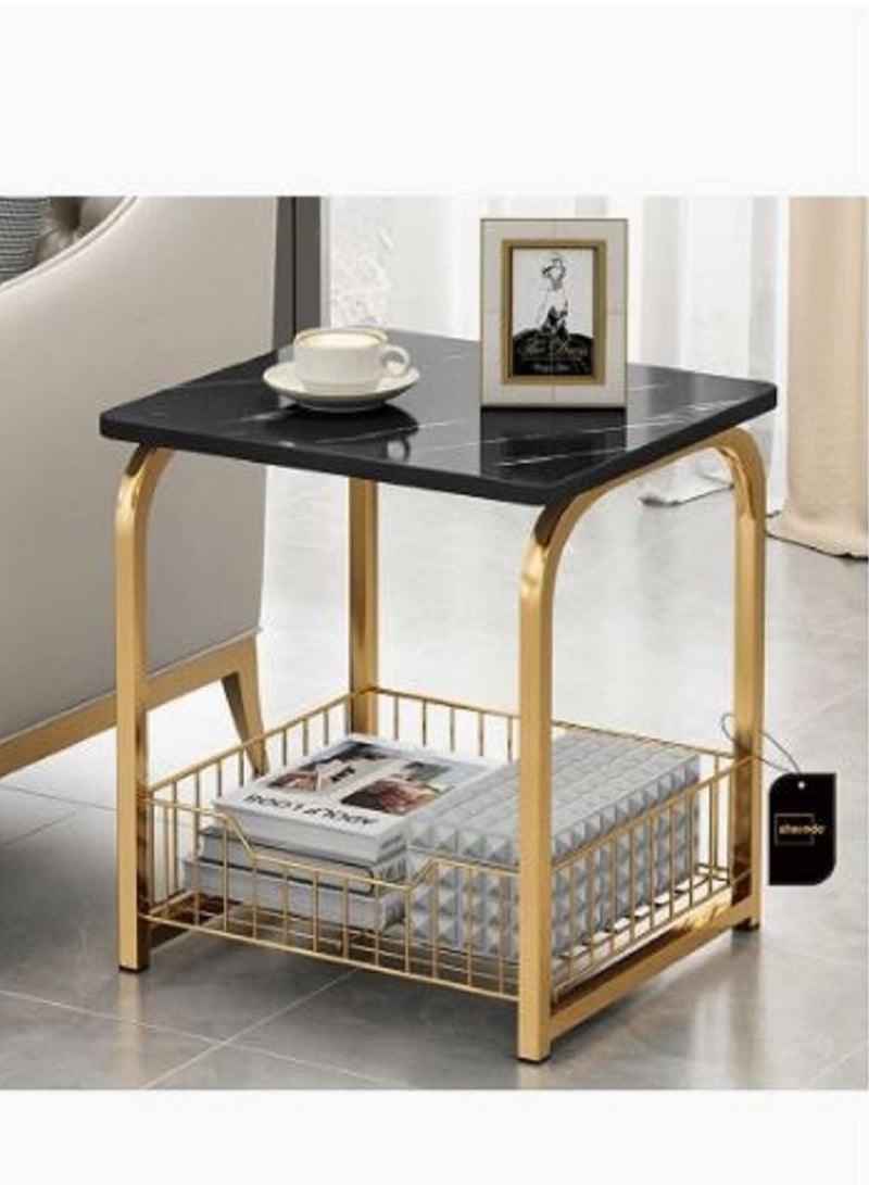 AGD Modern End Table With Storage Basket Sofa Side Table With Marble Design For Living Room - Image 4