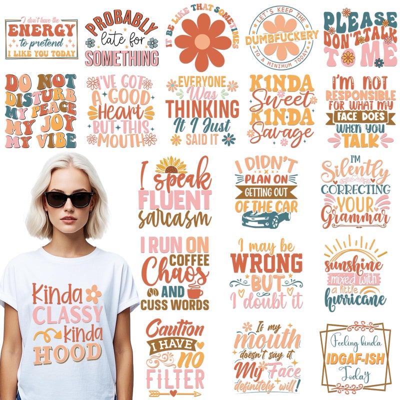 Dazoratix Funny Sarcastic Iron on Transfers - 20 Sheets Boho Sarcasm Ready to Press Black Humor Heat Transfer Clothing Patches Appliques Decals T-Shirts Women DIY Crafts Clothes Pillow Bag Decorations - Image 1