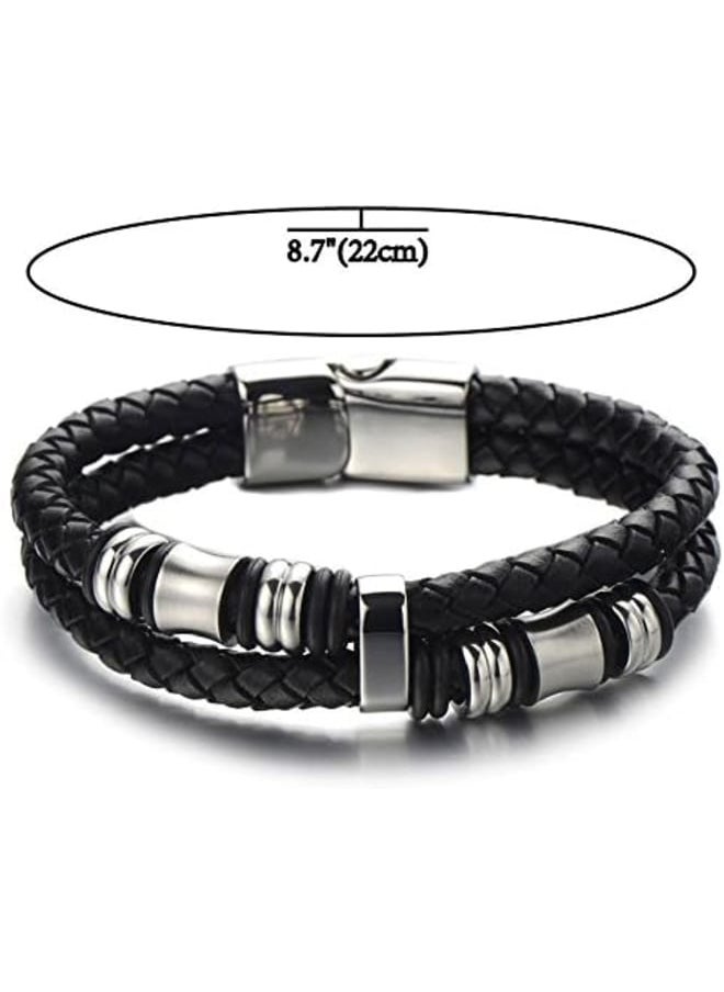 ماركة غير محددة - COOLSTEELANDBEYOND سوار جلدي مزدوج الخيط للرجال - جلد - دلايات من الفولاذ المقاوم للصدأ، مشبك مغناطيسي - Image 1