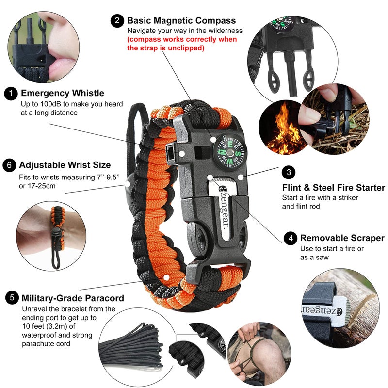 aZengear Paracord Survival Bracelet (2 Pack) | Flint Steel Fire Starter, Whistle, Compass, Mini Saw | Adjustable Wrist Band Size for Camping, Bushcraft, Emergency Kit (Black & Orange) - Image 2