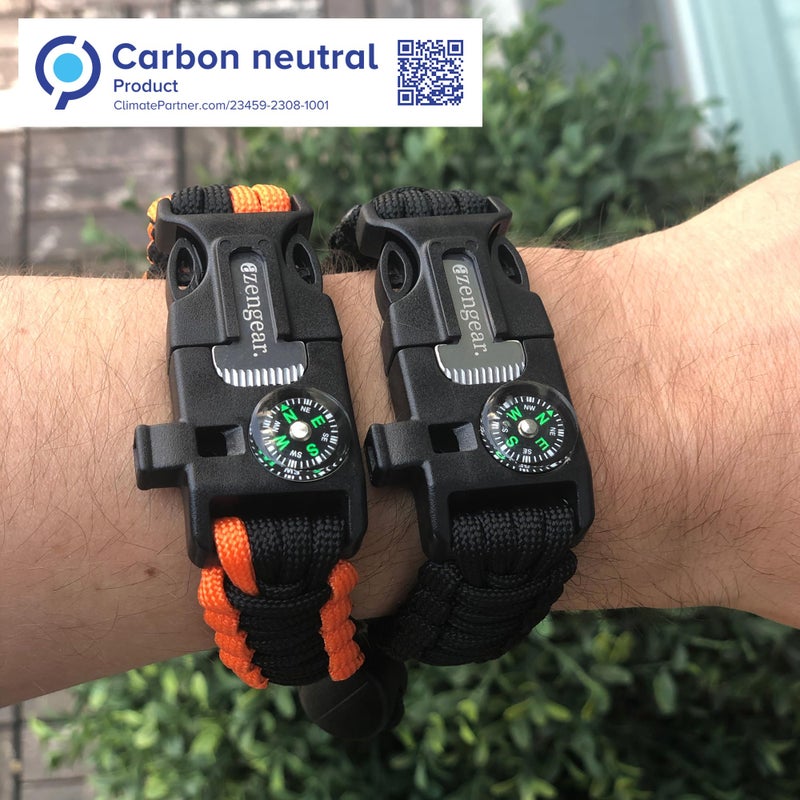 aZengear Paracord Survival Bracelet (2 Pack) | Flint Steel Fire Starter, Whistle, Compass, Mini Saw | Adjustable Wrist Band Size for Camping, Bushcraft, Emergency Kit (Black & Orange) - Image 3