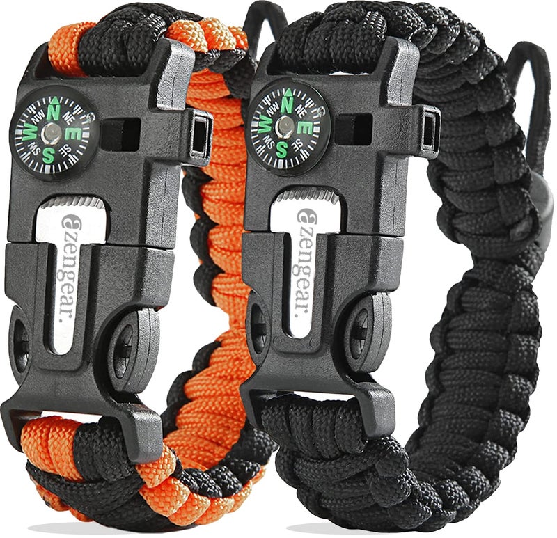 aZengear Paracord Survival Bracelet (2 Pack) | Flint Steel Fire Starter, Whistle, Compass, Mini Saw | Adjustable Wrist Band Size for Camping, Bushcraft, Emergency Kit (Black & Orange) - Image 1