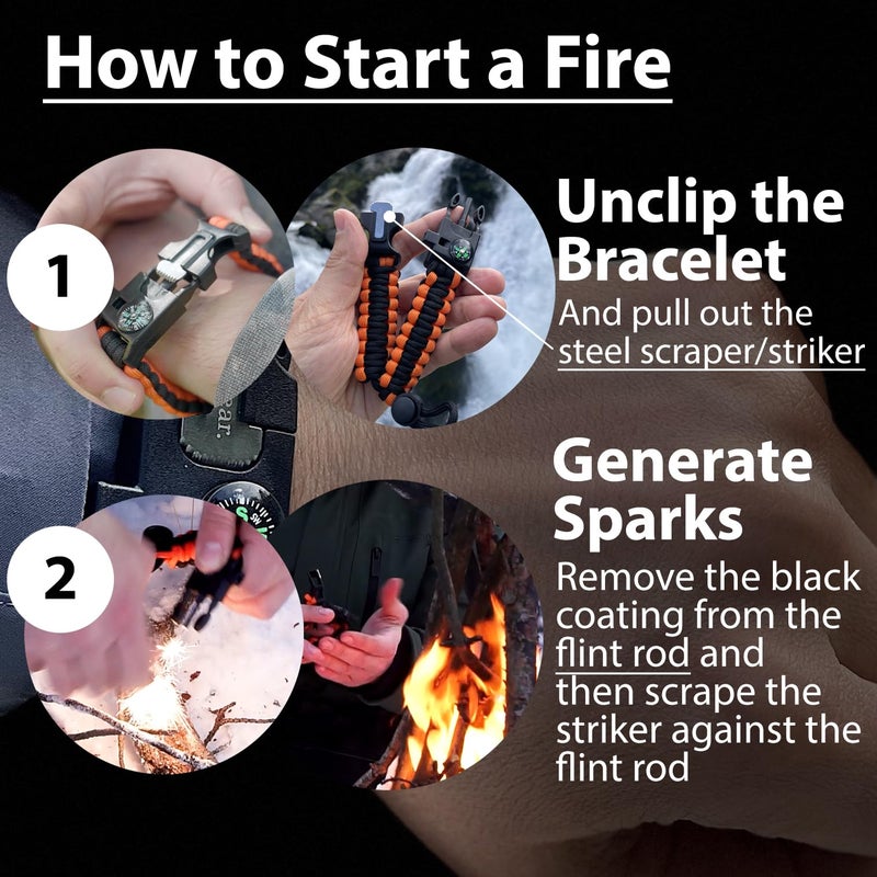 aZengear Paracord Survival Bracelet (2 Pack) | Flint Steel Fire Starter, Whistle, Compass, Mini Saw | Adjustable Wrist Band Size for Camping, Bushcraft, Emergency Kit (Black & Orange) - Image 4