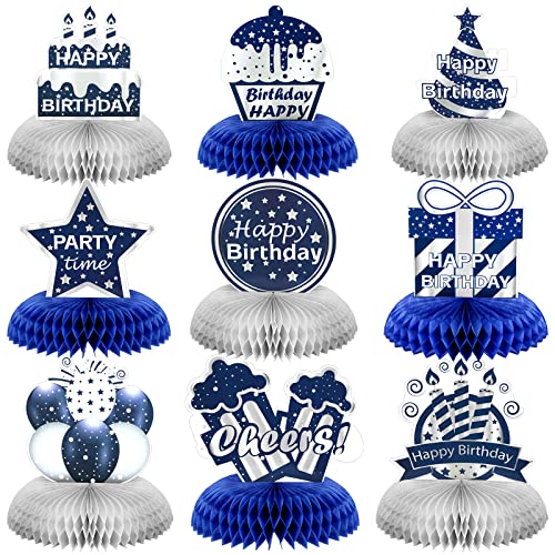 Yexiya 9 Pieces Happy Birthday Party Decorations Birthday Table Centerpieces Happy Date of Birth Honeycomb Centerpieces for Men and Women Birth Date Party Supplies Blue Silver Star - Image 1