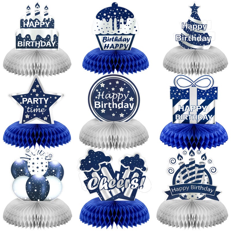 Yexiya 9 Pieces Happy Birthday Party Decorations Birthday Table Centerpieces Happy Date of Birth Honeycomb Centerpieces for Men and Women Birth Date Party Supplies Blue Silver Star - Image 2
