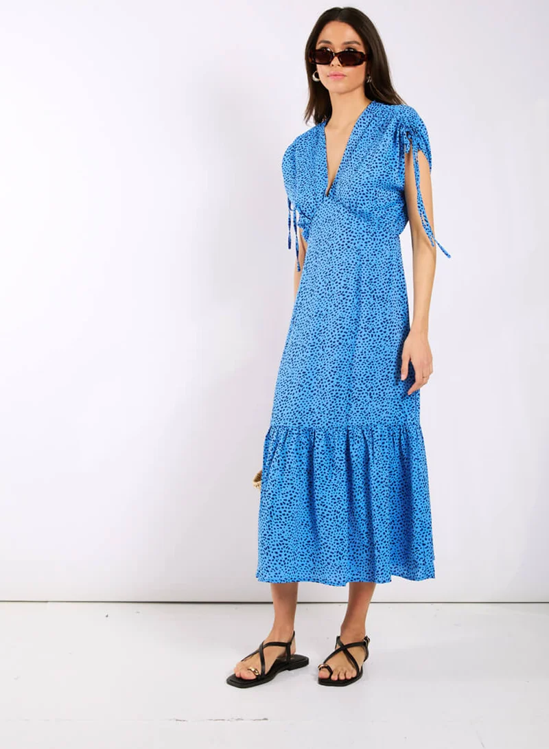 Needs No Label Blue Leopard Ruched Midi Dress