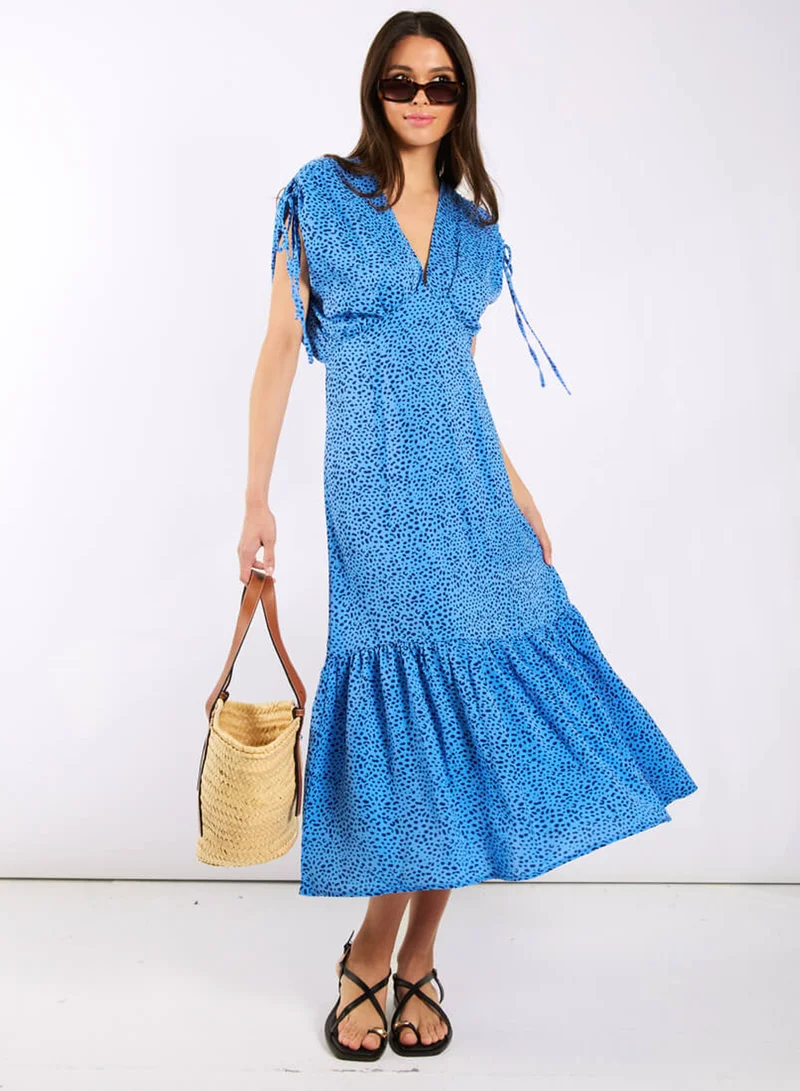 Blue Leopard Ruched Midi Dress