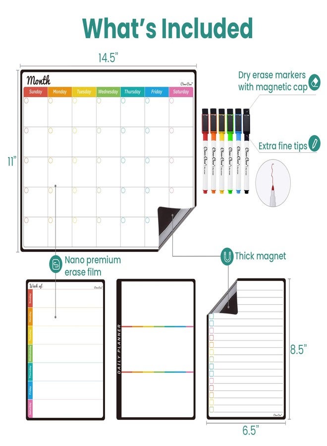 Clever Clean Magnetic Dry Erase Monthly Calendar Set - 14.5"x11" Monthly Calendar, 6.5"x8.5" Weekly, Daily, List Boards for Fridge - 6 Extra Fine Point Markers Included - Shipped Flat - Image 2