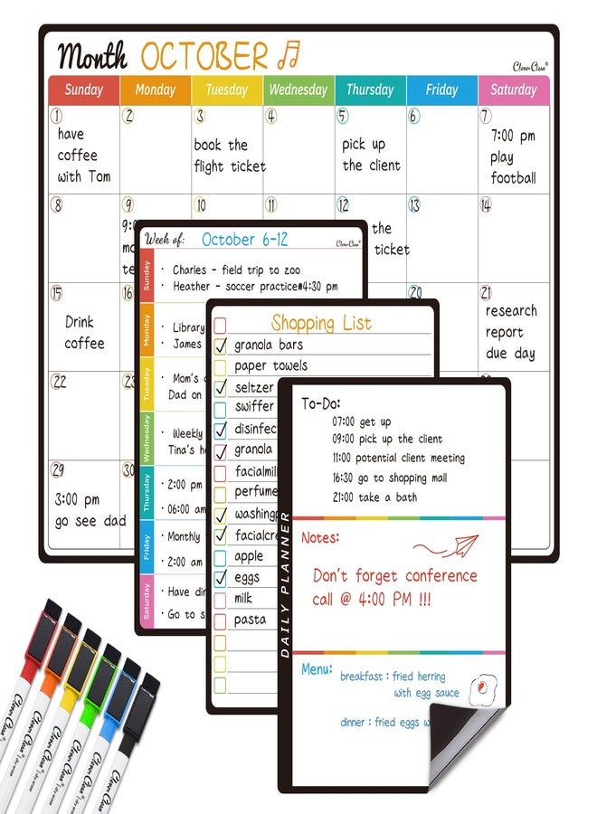 Clever Clean Magnetic Dry Erase Monthly Calendar Set - 14.5"x11" Monthly Calendar, 6.5"x8.5" Weekly, Daily, List Boards for Fridge - 6 Extra Fine Point Markers Included - Shipped Flat - Image 1