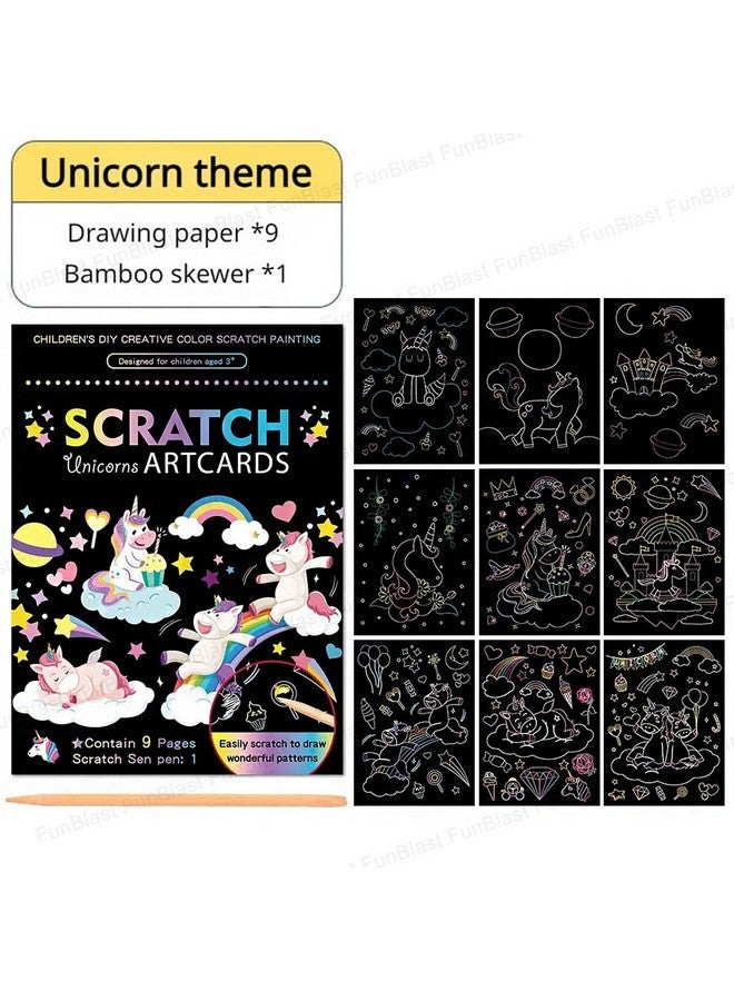 فنبلاست بطاقات فن بلاست للرسم بالخدش - بطاقات تلوين سحرية للرسم بالخدش، ورق رسم بالخدش مع قلم للرسم والتخطيط، ومجموعة أدوات فنية وحرفية للأطفال (يونيكورن) - Image 3