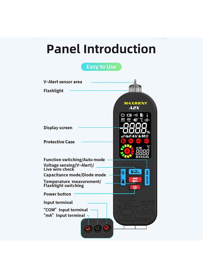 Generic MAXRIENY Automatic Anti-Burn Intelligent Digital Multimeter Non Contact Voltage Detector Smart Voltmeter Resistance Frequency Continuity V-Alert Live Wire Voltage Tester with Carrying Case  - Image 4