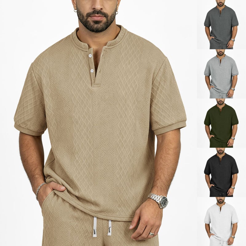 Mens Knitted Jacquard Henley Shirt Short Sleeve Summer Button Top - Image 1