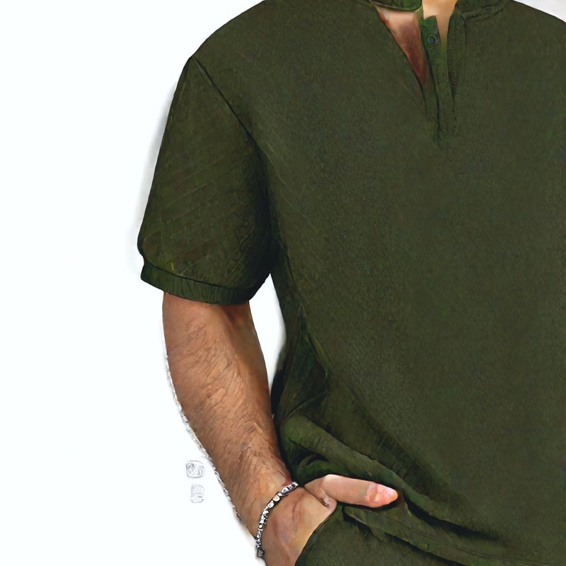 Mens Knitted Jacquard Henley Shirt Short Sleeve Summer Button Top - Image 2