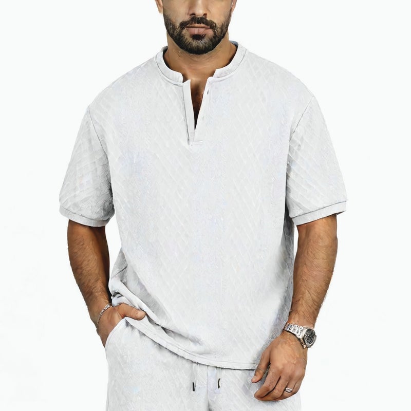 Mens Knitted Jacquard Henley Shirt Short Sleeve Summer Button Top - Image 4