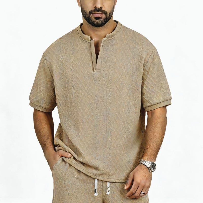 Mens Knitted Jacquard Henley Shirt Short Sleeve Summer Button Top - Image 5