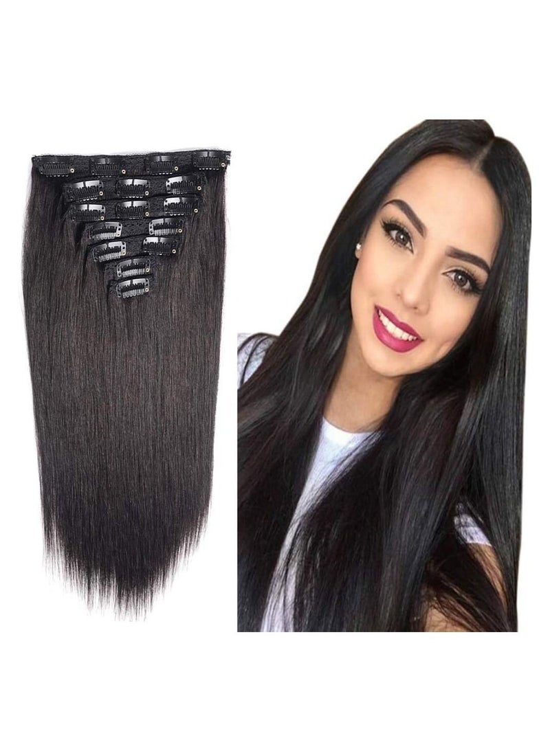 إستيل وصلات شعر كليب أون طبيعي، مستقيم أسود طبيعي، 100 جرام 7 قطع 16 مشبك - Image 1