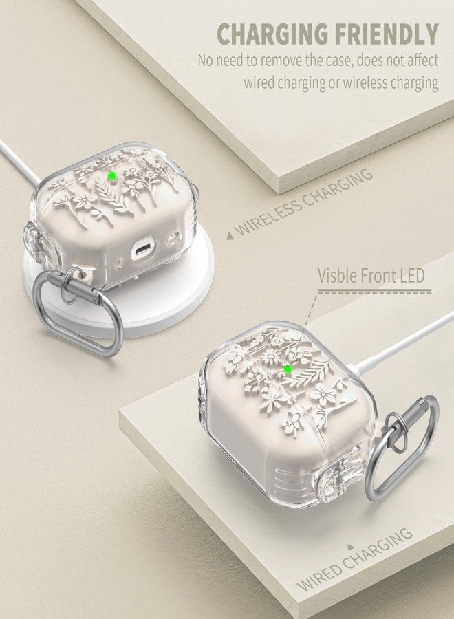TUDIOW for Airpods Pro 2nd/1st Generation Case with Lock, Floral Flower Engraved Airpod Pro 1&2 Protective Cover with Cleaner Kit&Keychain&Lanyard for AirPods Pro 2nd/1st Gen (Off White) - Image 3