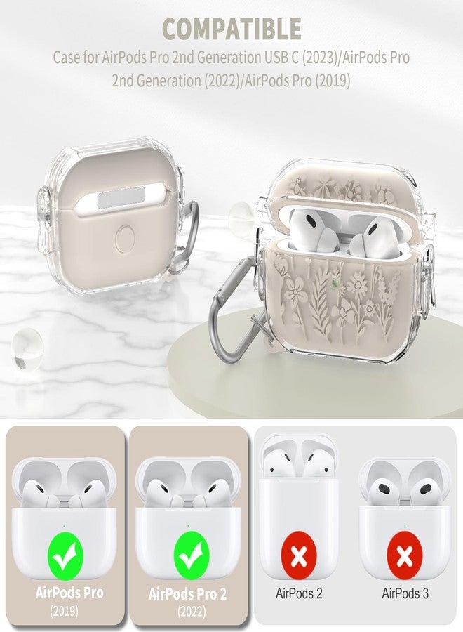 TUDIOW for Airpods Pro 2nd/1st Generation Case with Lock, Floral Flower Engraved Airpod Pro 1&2 Protective Cover with Cleaner Kit&Keychain&Lanyard for AirPods Pro 2nd/1st Gen (Off White) - Image 5