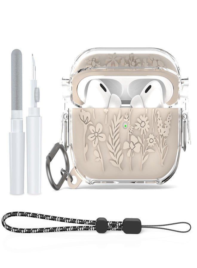 TUDIOW for Airpods Pro 2nd/1st Generation Case with Lock, Floral Flower Engraved Airpod Pro 1&2 Protective Cover with Cleaner Kit&Keychain&Lanyard for AirPods Pro 2nd/1st Gen (Off White) - Image 1