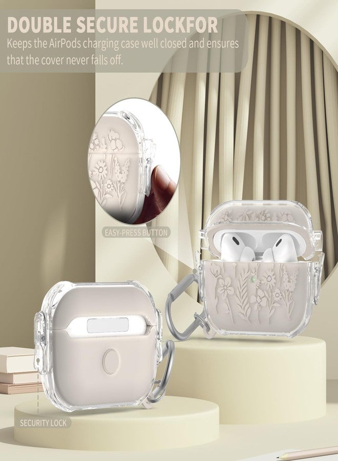 TUDIOW for Airpods Pro 2nd/1st Generation Case with Lock, Floral Flower Engraved Airpod Pro 1&2 Protective Cover with Cleaner Kit&Keychain&Lanyard for AirPods Pro 2nd/1st Gen (Off White) - Image 4
