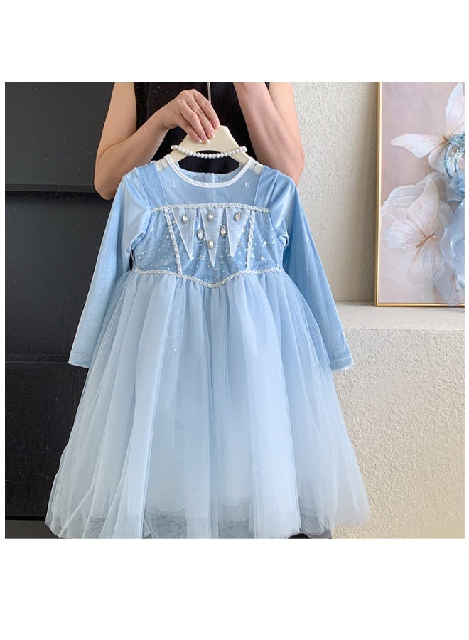 فستان بنت صغيرة - فستان لامع للأميرات - فستان أزرق جليدي بأكمام طويلة - فستان ربيعي وخريفي للأطفال - فستان عتيق لطيف - Image 5