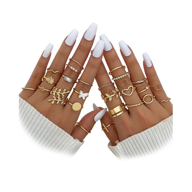 IFKM 24 Pcs Gold Knuckle Rings Set For Women Vintage Stackable Joint Finger Midi Rings Dainty Cubic Zirconia Crystal Simple Twist Hollow Cute Rings Pack Jewelry Gift (Love of Leaves, Gold) - Image 2