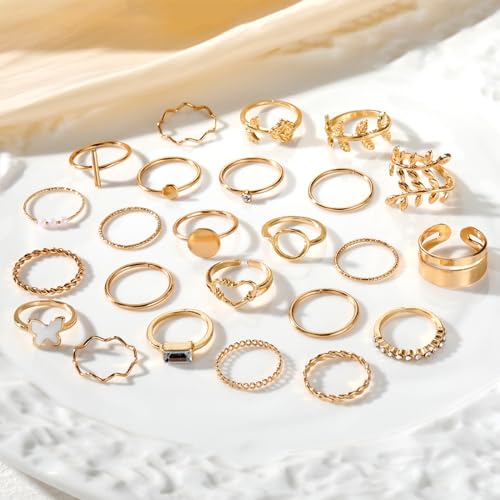 IFKM 24 Pcs Gold Knuckle Rings Set For Women Vintage Stackable Joint Finger Midi Rings Dainty Cubic Zirconia Crystal Simple Twist Hollow Cute Rings Pack Jewelry Gift (Love of Leaves, Gold) - Image 4