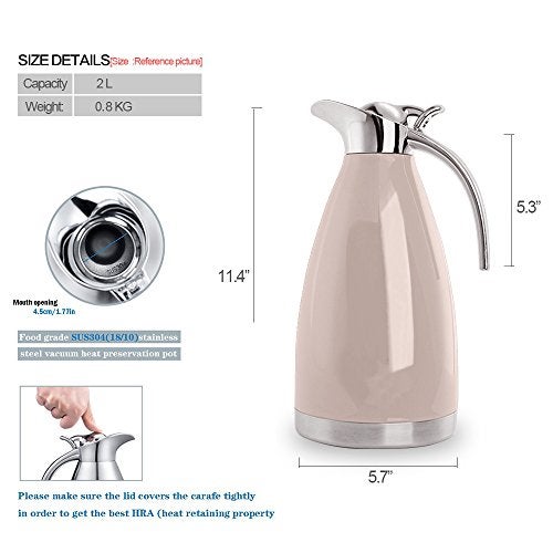 Bonnoces 68 Oz Stainless Steel Thermal Carafe - Double Walled Vacuum Insulated Thermos/Carafe with Lid - Coffee/Tea Carafe Heat & Cold Retention - 2 Liter Pink - Image 2