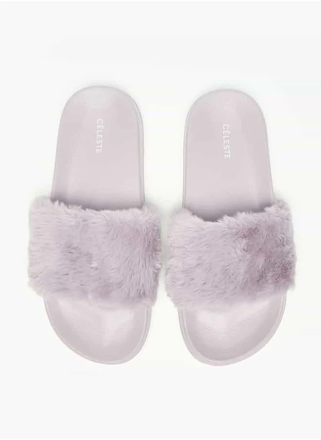 سيليست Women's Faux Fur Textured Slip-On Slides