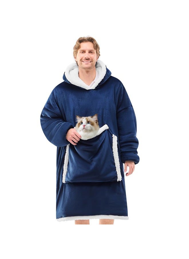 JOYWOO Navy Wearable Blanket Hoodie,Oversized Cat Lovers Sweatshirt Blanket for Adult, Birthday Gifts for Women,Mom,Men,Cozy Fuzzy Sherpa Hooded Blanket with Giant Pocket and Winter Gifts,Standard - Image 1