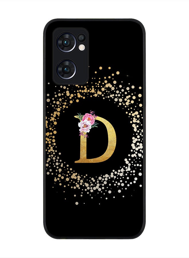 Stylizedd Rugged Black Edge Case for Oppo Reno7 5G , Slim fit Rubber Edges Thin Cover -  Custom Monogram Initial Letter Floral Pattern Alphabet - D (Black) - Image 1