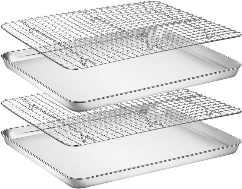 Wildone Carefully selected material Baking Sheet with Rack Set [2 Pans + 2 Racks], Stainless Steel Cookie Sheet Baking Pan Tray with Cooling Rack, Size 16 x 12 x 1 Inch, Non Toxic & Heavy Duty & Easy Clean Easy handling optimized design - Image 1