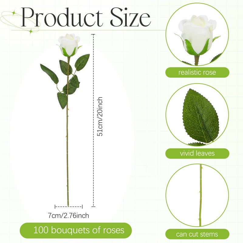 Jexine 100 Pieces Artificial Roses Flowers Bulk, Long Stem Realistic Fake Silk Roses Bouquet for Table Centerpiece Vases Wedding Party Kitchen Decor(Creamy White) - Image 2