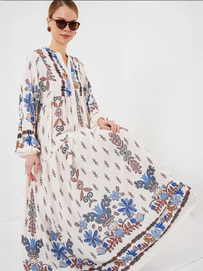 BIG DART BDART Patterned V-Neck Maxi Dress with Button Closure