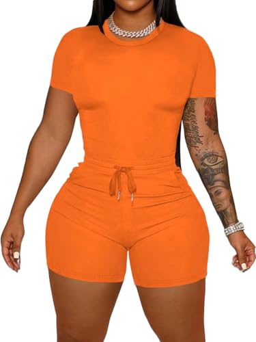 HBQ Women 2 Piece Outfits Summer Sweatsuits Track Suits Crop Tops Biker Short Workout Jogger Sets Orange S - Image 1