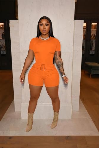 HBQ Women 2 Piece Outfits Summer Sweatsuits Track Suits Crop Tops Biker Short Workout Jogger Sets Orange S - Image 2