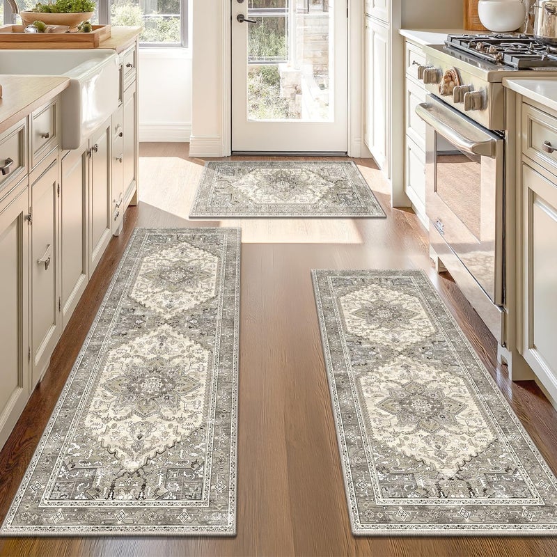 Yamaziot Boho Washable Kitchen Rugs Sets of 3 Non Slip Kitchen Mats for Floor with Rubber Backing Waterproof Stain Resistant Carpet Runner Throw Rug for Kitchen Laundry Room Hallway