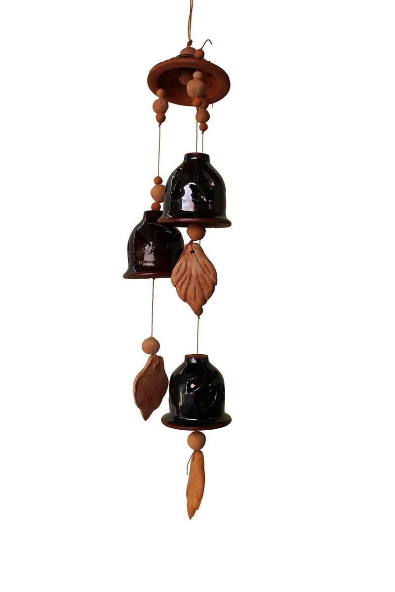 DEVICE OF ESVAR STONECRAFT ...EVERY STROY IS UNIQUE EVERY HOME IS DIFFERENT..... ES ESVAR STONECRAFT Terracotta Ceramic Coated Black Wind Chimes with Three Bells of Cap Design Handmade Craft with Melodious Sound Bells36cm Long - Image 2