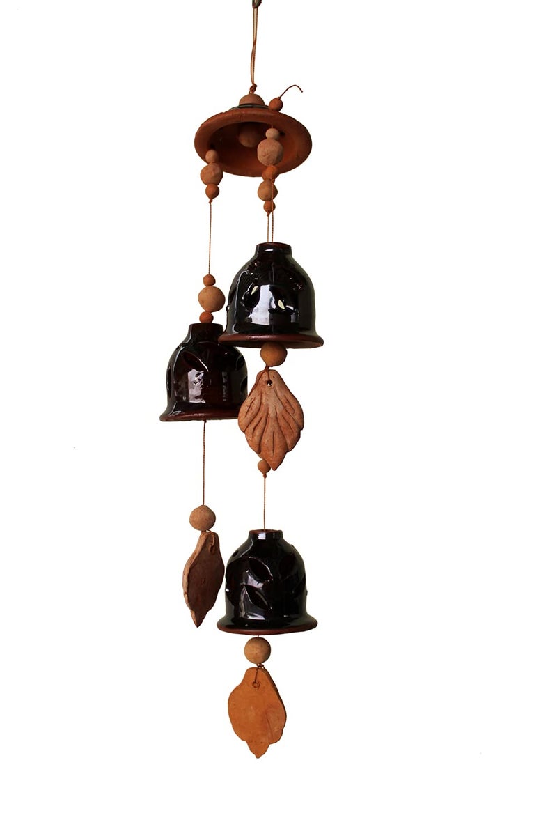 DEVICE OF ESVAR STONECRAFT ...EVERY STROY IS UNIQUE EVERY HOME IS DIFFERENT..... ES ESVAR STONECRAFT Terracotta Ceramic Coated Black Wind Chimes with Three Bells of Cap Design Handmade Craft with Melodious Sound Bells36cm Long - Image 4