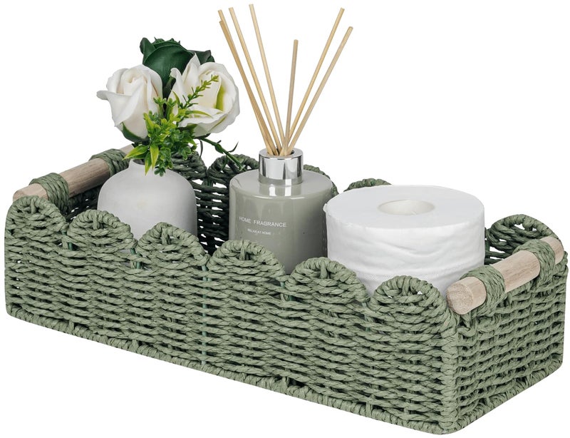 CubesLand Toilet Paper Storage Basket Scalloped Edge Home Decor Green Basket, Living Room Cozy Decor, Paper Rope Small Baskets for Over Toilet Storage Shelf, End Table, Shelves, with 2 Wooden Handles - Image 1