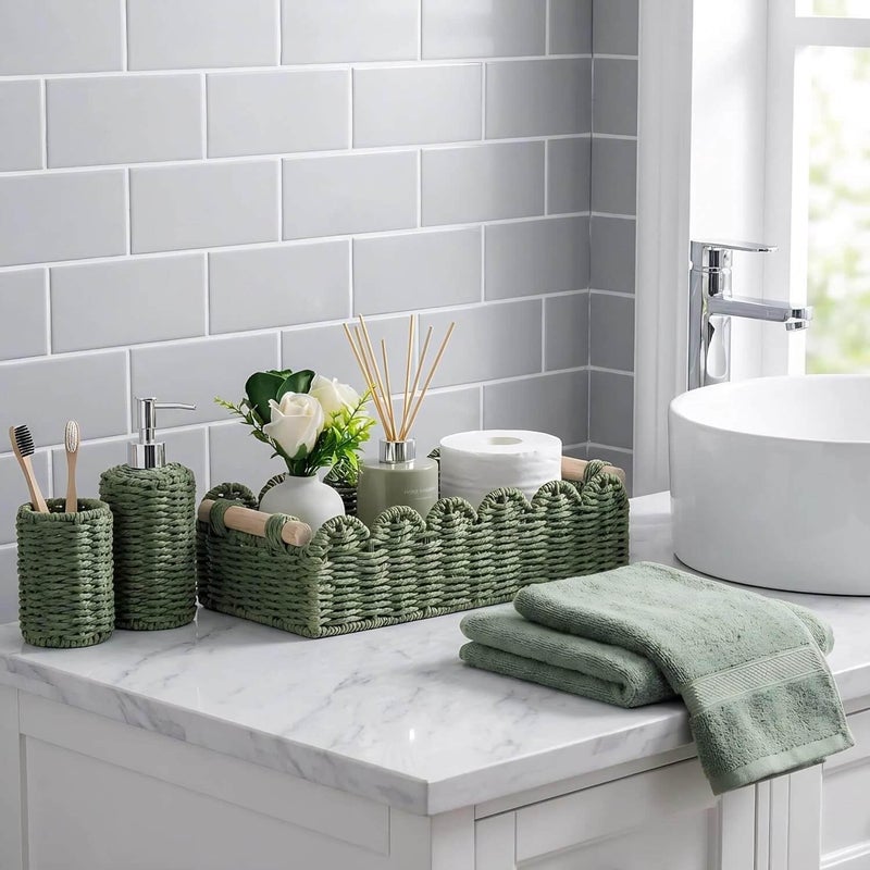 CubesLand Toilet Paper Storage Basket Scalloped Edge Home Decor Green Basket, Living Room Cozy Decor, Paper Rope Small Baskets for Over Toilet Storage Shelf, End Table, Shelves, with 2 Wooden Handles - Image 3