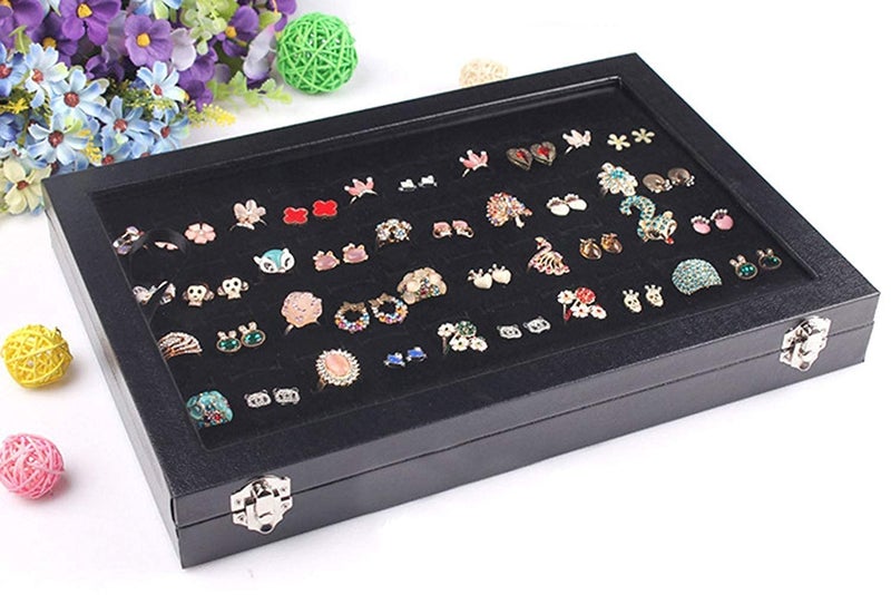 BucketList Women's Velvet Glass Ring Earrings Jewelry Box - Display Storage Showcase Holder Organizer (100 Slot Ring Jewellery Box-Black) - Image 3