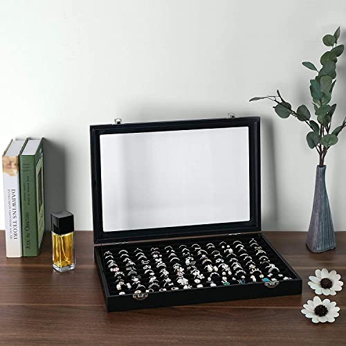 BucketList Women's Velvet Glass Ring Earrings Jewelry Box - Display Storage Showcase Holder Organizer (100 Slot Ring Jewellery Box-Black) - Image 1