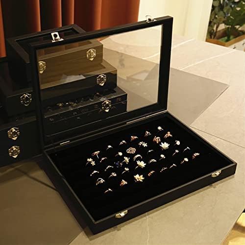 BucketList Women's Velvet Glass Ring Earrings Jewelry Box - Display Storage Showcase Holder Organizer (100 Slot Ring Jewellery Box-Black) - Image 2