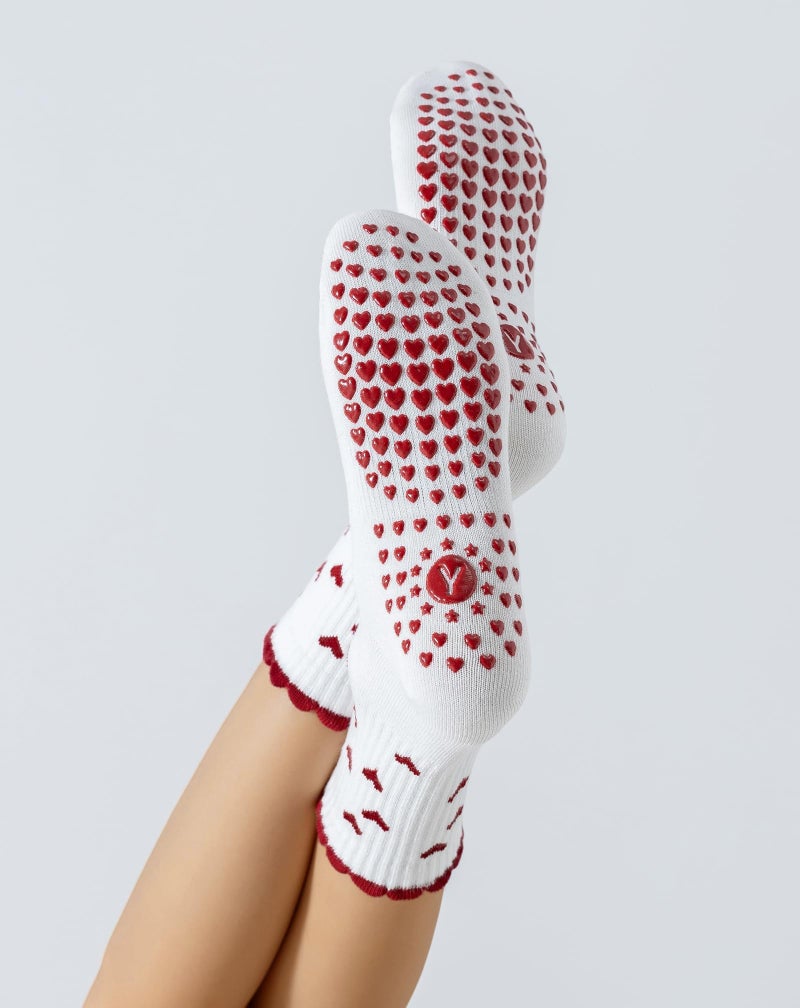 Yawlsow Pilates Grip Socks for Women Yoga Grippy Socks Cute Barre Non Skid Athletic Crew Sticky Sock Workout Hospital (US, Alpha, One Size, Regular, Regular, 1 Pack-Red-Mini Heart) - Image 2