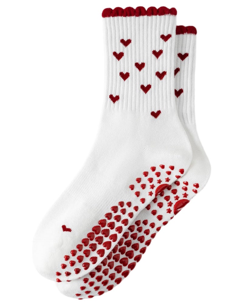 Yawlsow Pilates Grip Socks for Women Yoga Grippy Socks Cute Barre Non Skid Athletic Crew Sticky Sock Workout Hospital (US, Alpha, One Size, Regular, Regular, 1 Pack-Red-Mini Heart) - Image 1