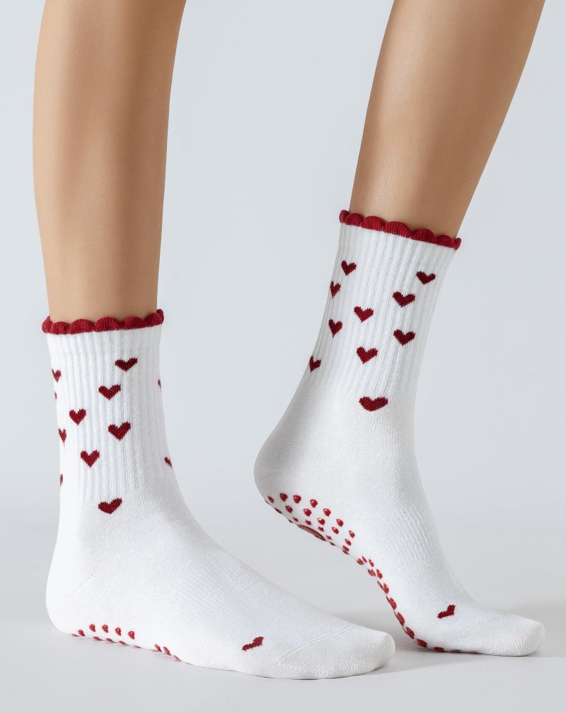 Yawlsow Pilates Grip Socks for Women Yoga Grippy Socks Cute Barre Non Skid Athletic Crew Sticky Sock Workout Hospital (US, Alpha, One Size, Regular, Regular, 1 Pack-Red-Mini Heart) - Image 5