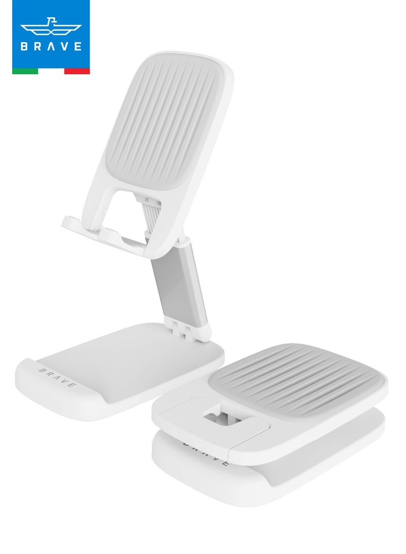 Brave Foldable Phone Holder for Desk - Adjustable Height Portable Cell Phone Stand with Sturdy Desk Base Compatible with iPhone 16, 15, 14, 13 Pro Max, Mini, 12, 11, XR, X, 8 Plus, SE, Samsung S25, S24, S23, S22, S21, iPad Mini, Tablets and All Smartphones (White) - Image 1