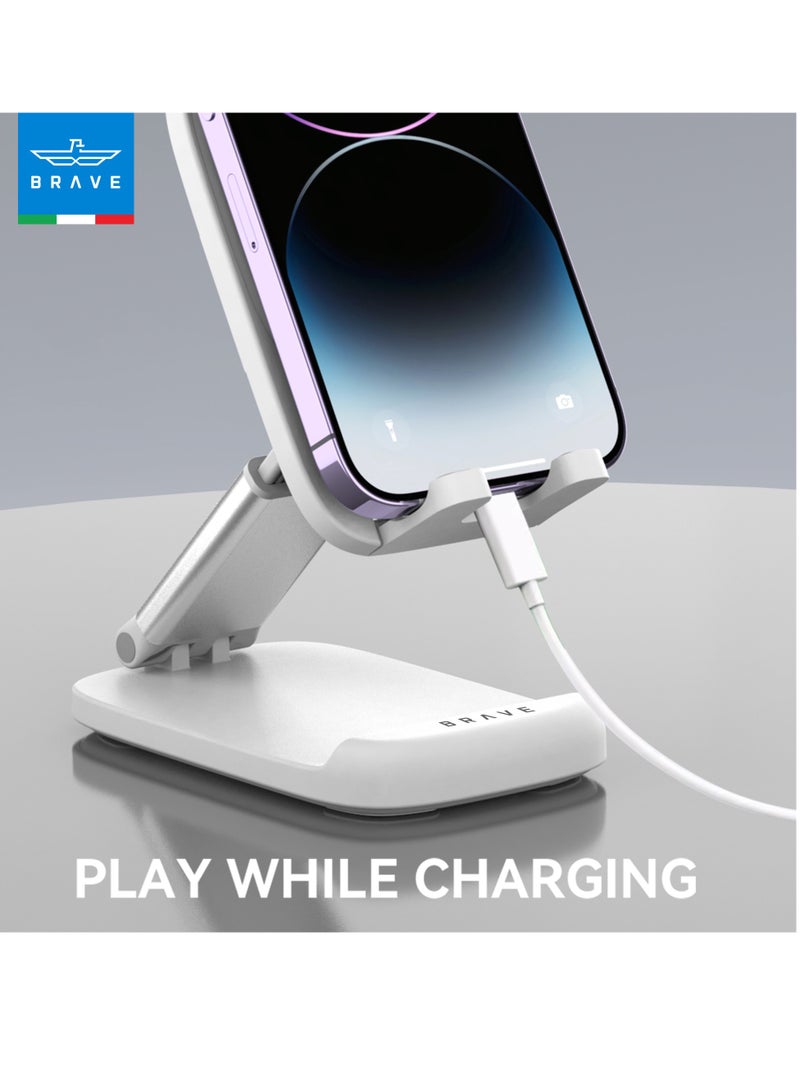 Brave Foldable Phone Holder for Desk - Adjustable Height Portable Cell Phone Stand with Sturdy Desk Base Compatible with iPhone 16, 15, 14, 13 Pro Max, Mini, 12, 11, XR, X, 8 Plus, SE, Samsung S25, S24, S23, S22, S21, iPad Mini, Tablets and All Smartphones (White) - Image 3