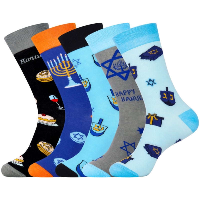 Jeasona Mens Funny Fun Crazy Funky Dress Crew Socks Gifts for Men Dad Grandpa (Multicolored Hanukkah Gifts 5 Pairs) - Image 1